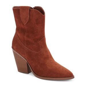 AQUA COLLEGE Womens Brown Pull Tab Winder Toe Block Heel Leather Booties 7.5 M